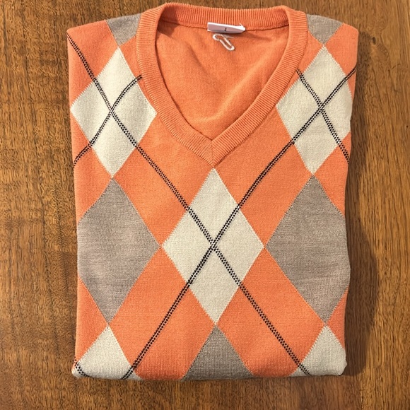 IJP Design Sweater in soft orange, cream and tan argyle design front - Picture 6 of 6